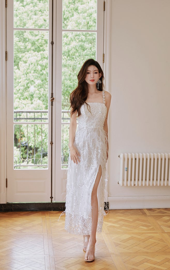 DOLLY Luxury White French Style Sleeveless Sequin Embroidered Long Slit Party Dress-Dalia