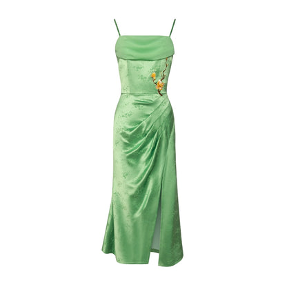 Magic Q green stand up collar bell sleeves shawl folded pleated embroidered slit dress - Mnie