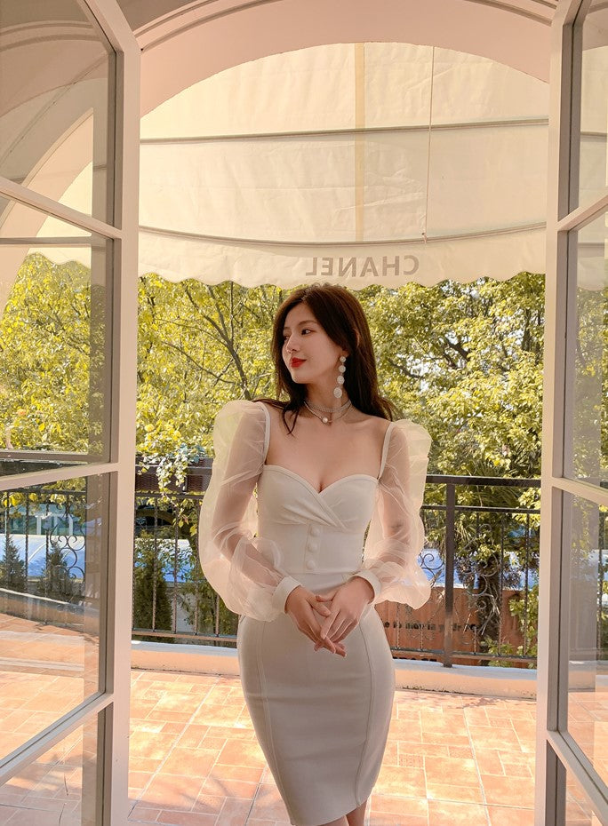 DOLLY Elegant White/Black V-Neck Mesh Long Puff Sleeve Slim Fit Dress-HAN