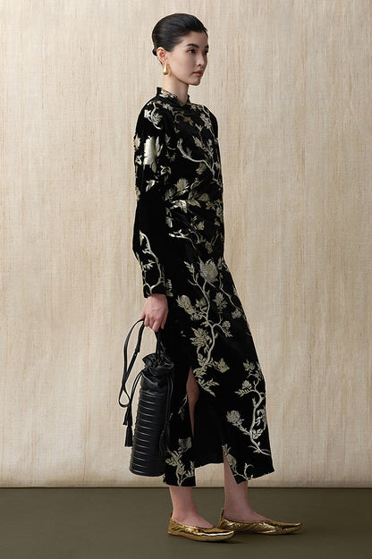 ZHUCHONGYUN bronzing velvet slit long sleeve floral dress-SHOUYA.