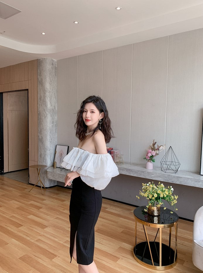 DOLLY Elegant Black and White Satin Off Shoulder Ruffled Tube Top Slim Fit Dress-MAG