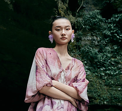 HECO Chinese Silk V-neck Dress Summer Elegant Floral Slim Long dress - GINE .