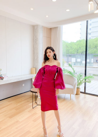 DOLLY High End Retro Style Off Shoulder Long Puff Sleeve Chest Wrap Dress-KILA