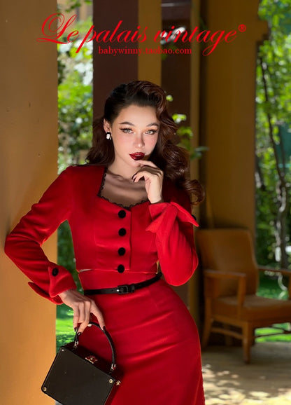 Le palais vintage red pencil skirt  + crop jacket suit set - Manui.