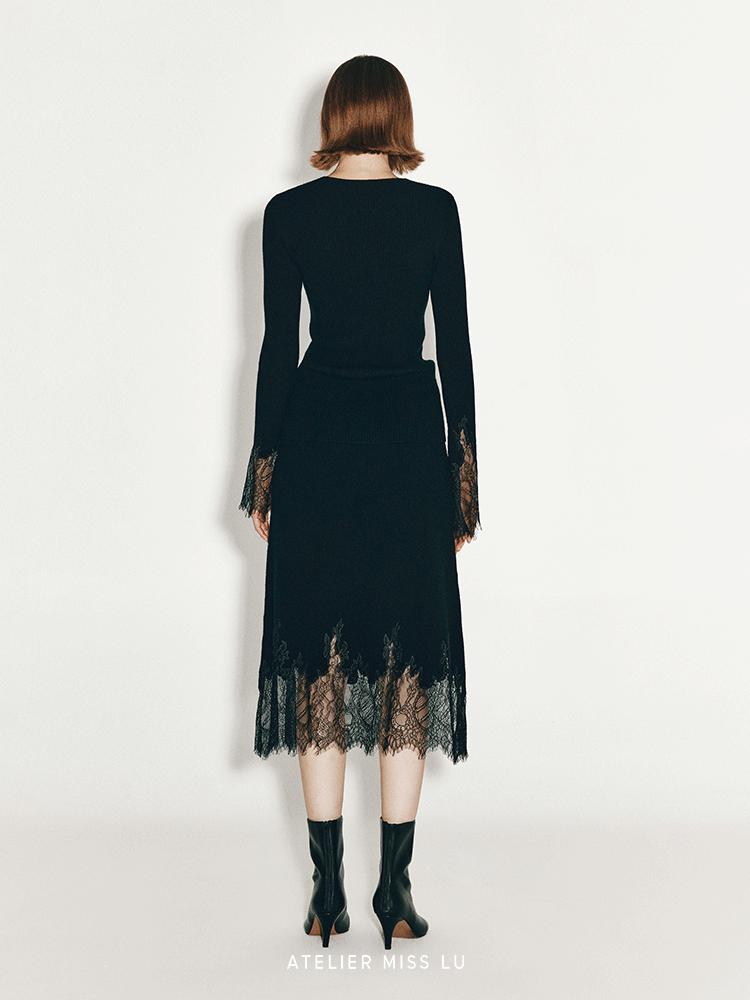 ATELIER MISS LU Fall/Winter elongated lace panelled cashmere wool skirt - ESTI