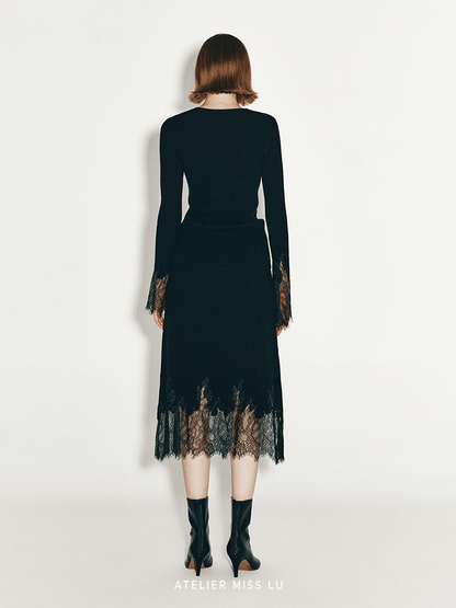 ATELIER MISS LU Fall/Winter elongated lace panelled cashmere wool skirt - ESTI