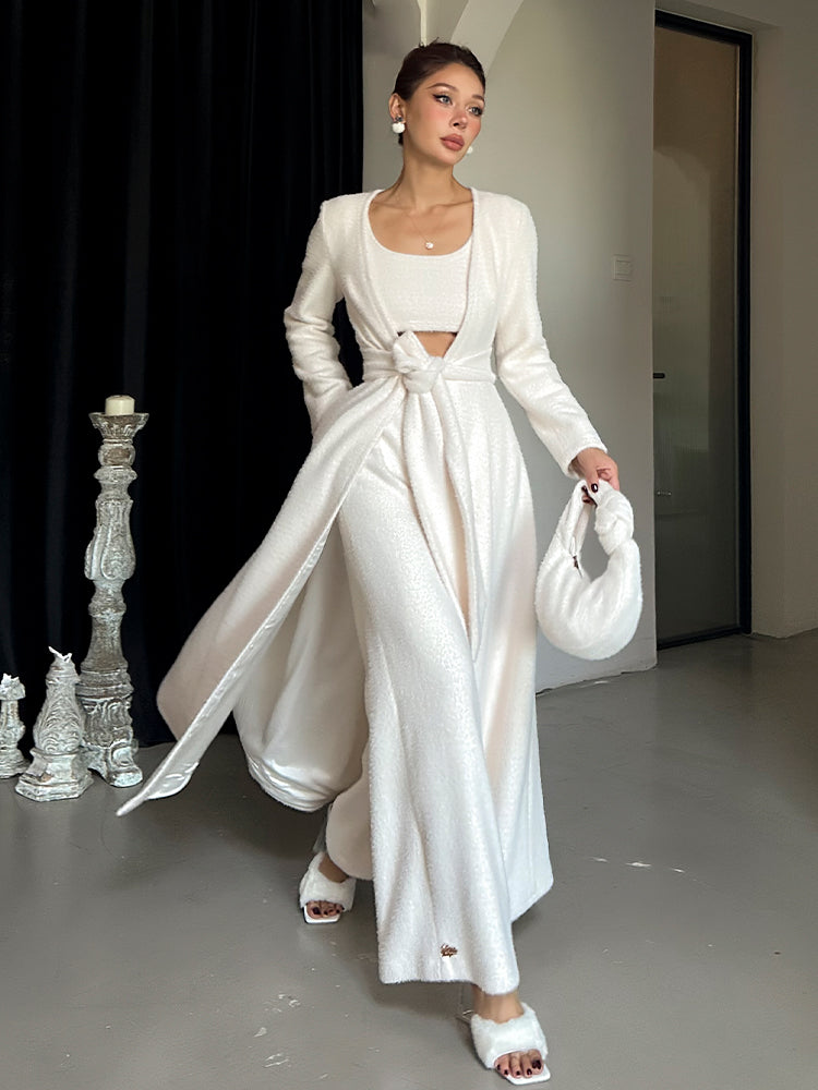 Le Palais Vintage Luxury White Fur Hand bag Plush Vest High Waist Wide-leg Pants Suit-Sonia