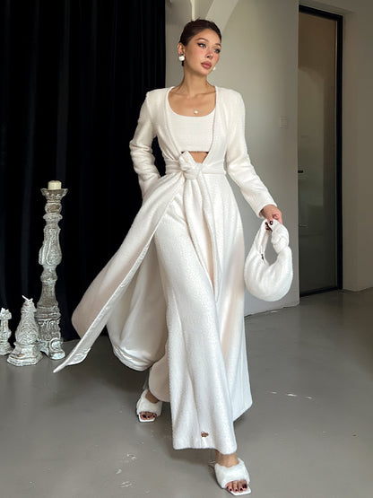 Le Palais Vintage Luxury White Fur Hand bag Plush Vest High Waist Wide-leg Pants Suit-Sonia