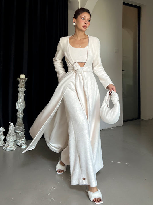 Le Palais Vintage Luxury White Fur Hand bag Plush Vest High Waist Wide-leg Pants Suit-Sonia