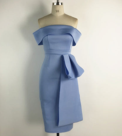 DOLLY Elegant Blue Sleeveless Off Shoulder Chest Wrap Midi Dinner Dress-DARA