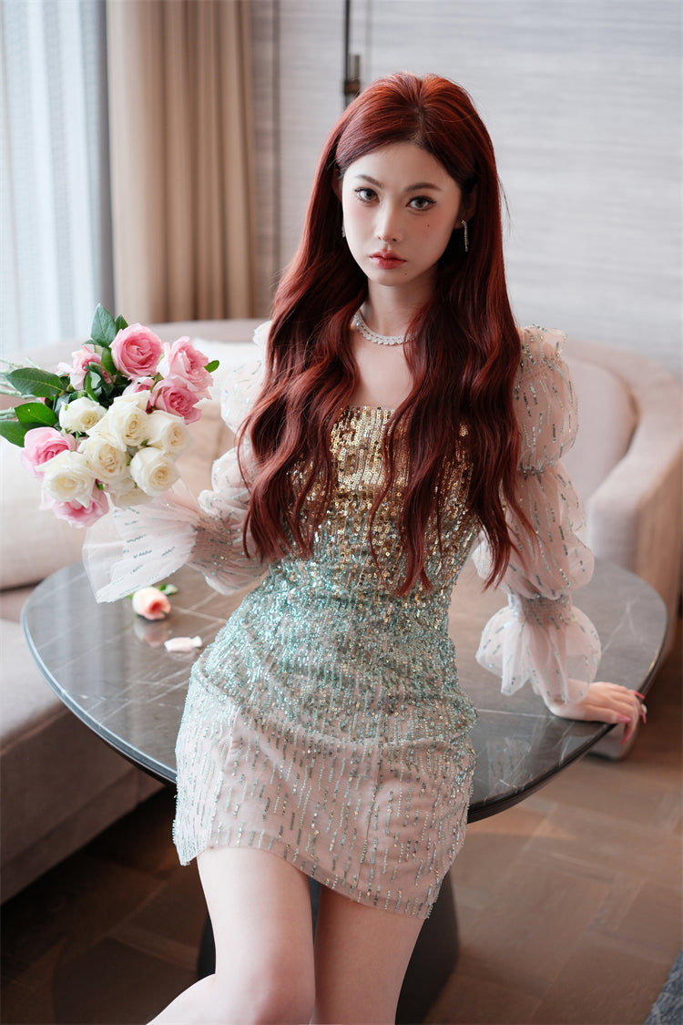 Wardrobes by Chen High End Golden Green multi color sequince mini dress-Serah