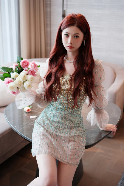 Wardrobes by Chen High End Golden Green multi color sequince mini dress-Serah