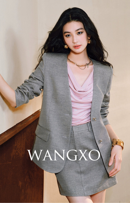 WANGXO Linen Luster Set Light-Luxury Collarless Suit & Micro A-Skirt Old Money Style- LYRAH