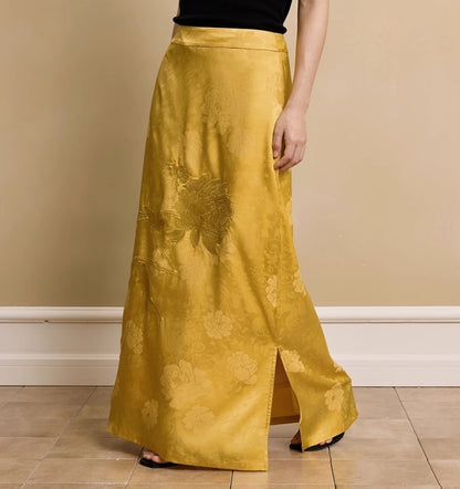 HECO Acetate Peony Jacquard Embroidery Side Slit Maxi Skirt  - SMART.