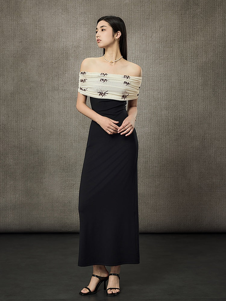 HECO Pleated One-Shoulder Bardot Temperament Midi Dress  - BELIEVE.