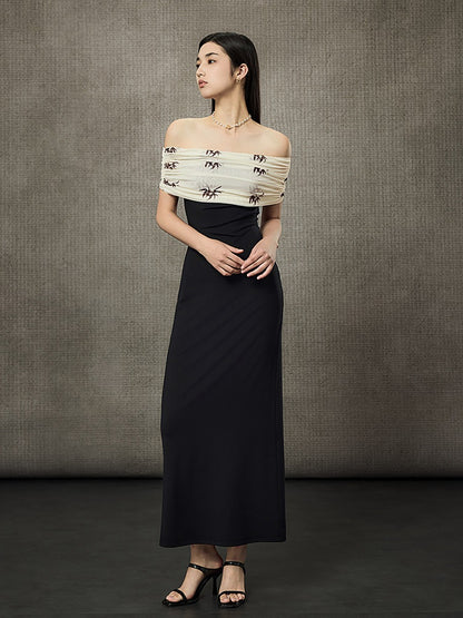 HECO Pleated One-Shoulder Bardot Temperament Midi Dress  - BELIEVE.