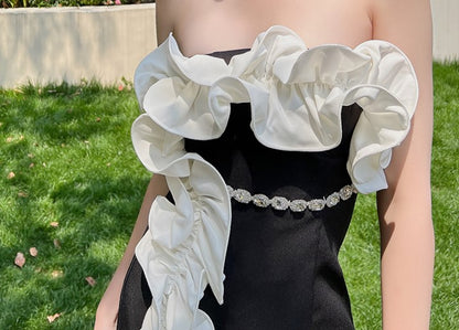 DOLLY Elegant Black Off Shoulder White Ruffle Tube Top Short Date Dress-JAJA