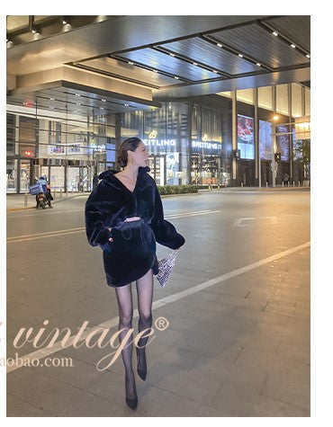 Le Palais Vintage Black Long Sleeves Short Faux Fur Coat and Dinner Skirt Suit-Selena.