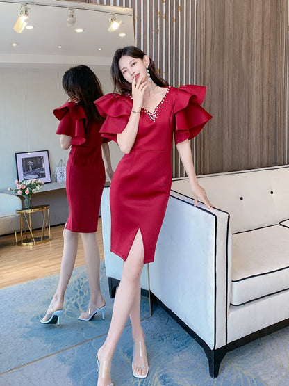 DOLLY Elegant V-Neck Short Ruffle Sleeves Slim Fit Midi Slit Office Dress- ilLA