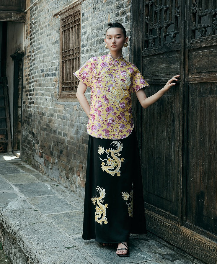 HECO Chinese style golden dragon embroidery short-sleeved placket buttoned shirt - QAND.