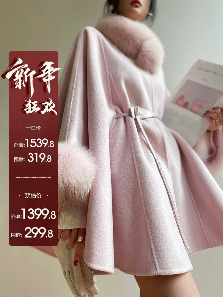 Aconiconi Winter pink wool cape fox fur sleeve double-sided coat-Sakura