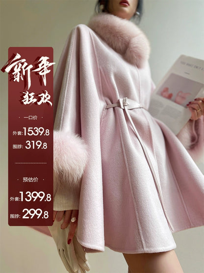 Aconiconi Winter pink wool cape fox fur sleeve double-sided coat-Sakura
