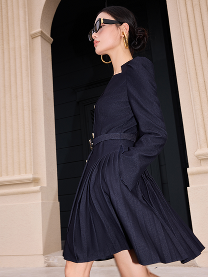 YES BY YESIR  pleated long sleeve midi denim dress  - DELILAH.