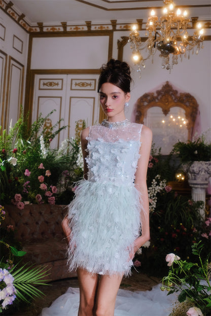 Wardrobes by Chen Elegant Blue Sleeveless Flower Feather Dress - Moji