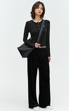 COMME MOI Lu Yan designer new women's velvet acetate logo wide-leg pants - FEEL.