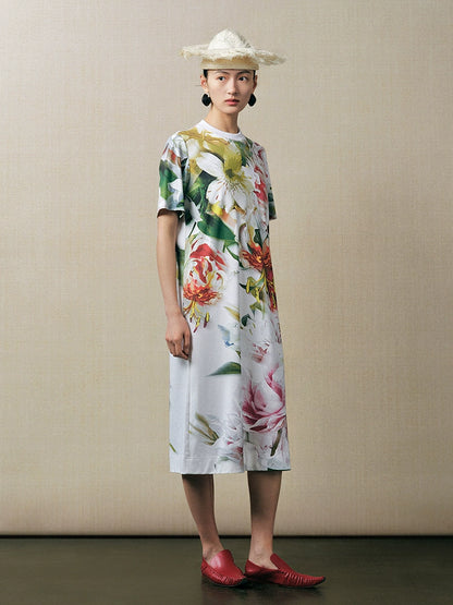 ZHUCHONGYUN round neck Chinese print short sleeve long dress-VINVO.