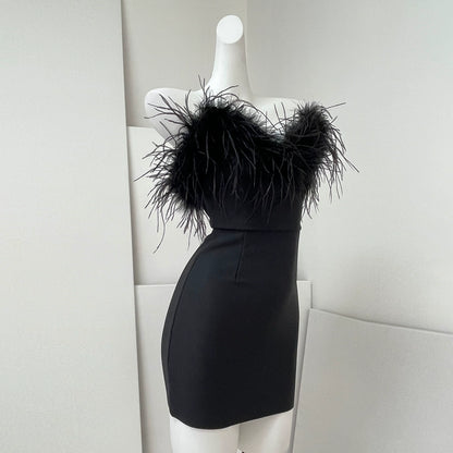 DOLLY Elegant Black Off Shoulder Feather Tube Top Long Slim Fit Dinner Dress-LILIAN