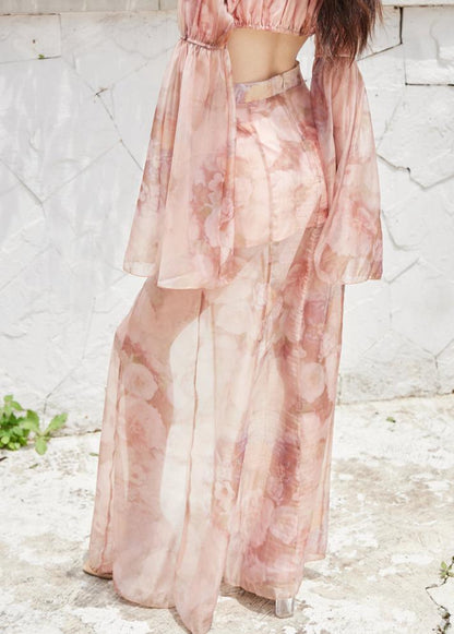 DOLLY Luxury Retro French Style Long Sleeve Top+ Retro Print Midi Slit Skirt-BIANCA