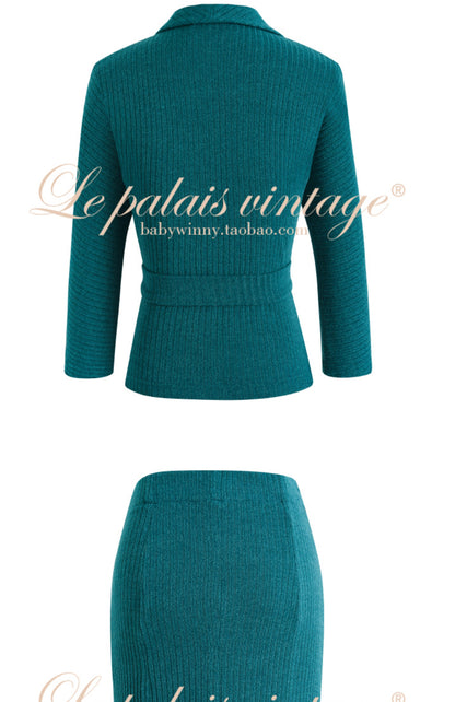 Le Palais Blue Knit Comfortable  Cardigan Mermaid Skirt Set-NIK