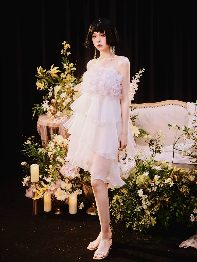 DOLLY Luxury White Feather Tube Top Flower French Style Dress-Hola