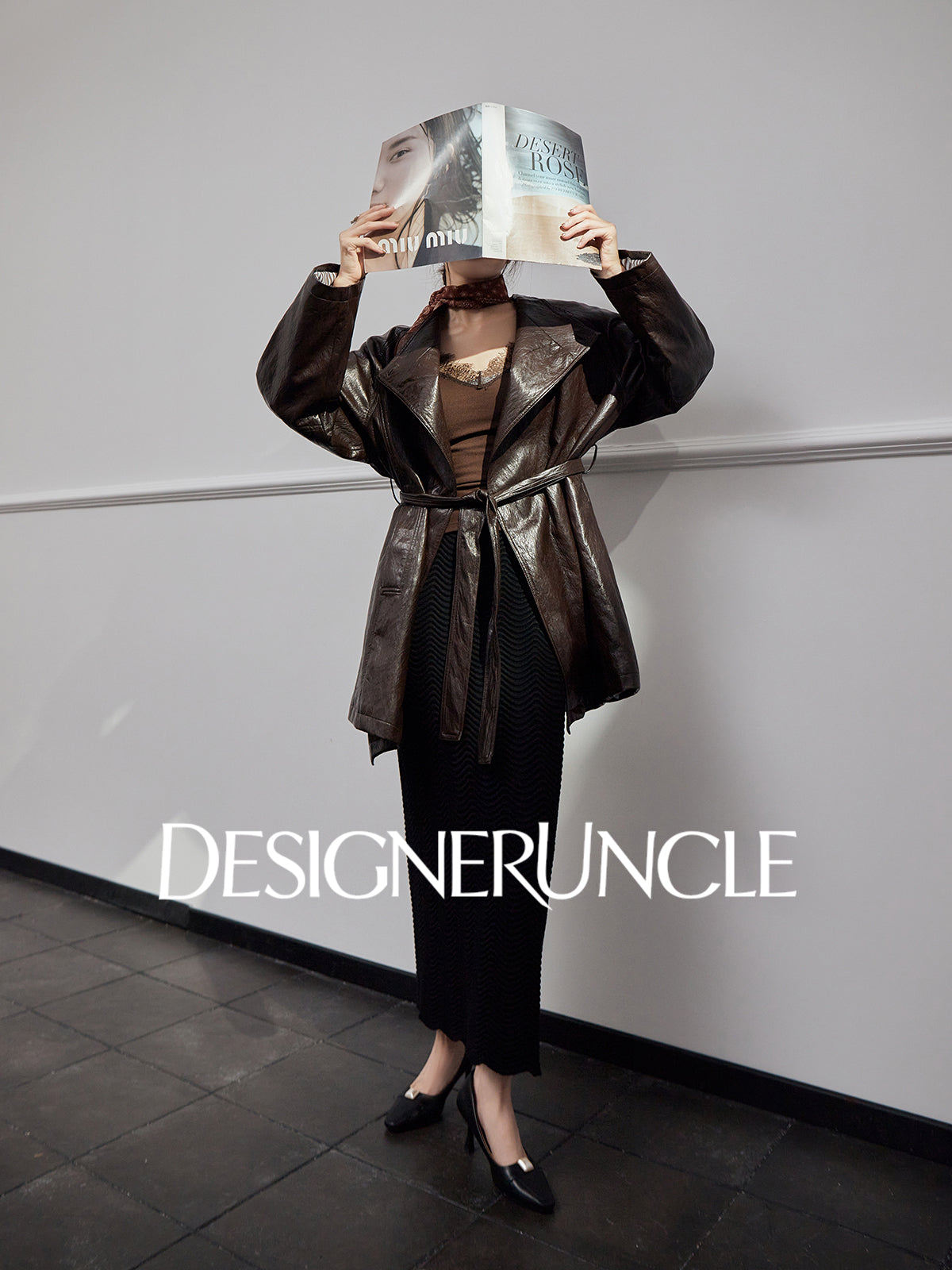 DGU "Obscure Shadow" Flower Coffee Haining Genuine Leather Retro Slimming Top - HEADS.