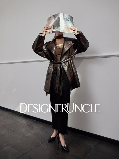 DGU "Obscure Shadow" Flower Coffee Haining Genuine Leather Retro Slimming Top - HEADS.