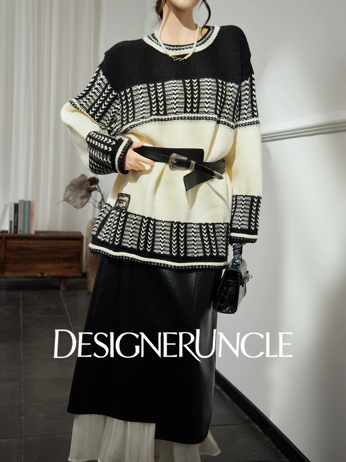 DGU "Ink Domain" black knitted sweater loose slimming retro versatile jacket - Jessie.