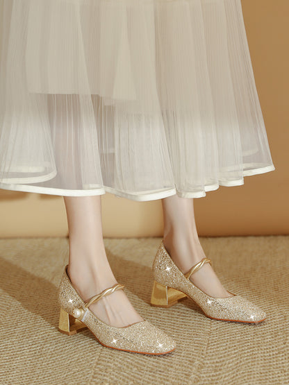 Pjjuu line belt square heel MaryJane gold wedding bridal Shoes  - MARA