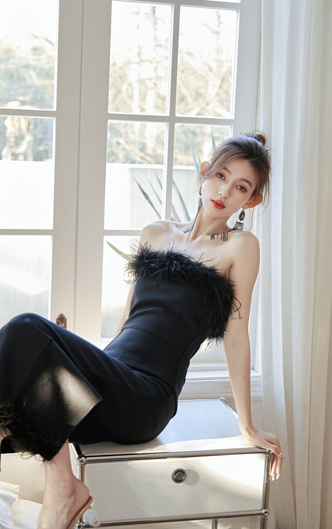 DOLLY Luxury White French Style Sleeveless Feather Tube Top Long Party Dress-HEIDI