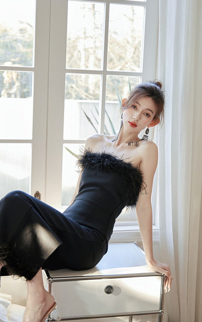 DOLLY Luxury White French Style Sleeveless Feather Tube Top Long Party Dress-HEIDI