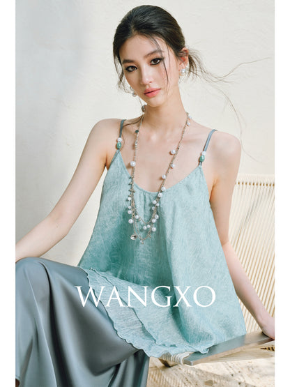 WANGXO | Silky Smooth Double-Sided Satin Top Glass Beaded Umbrella Hem Suspender Skirt Set -ELVA
