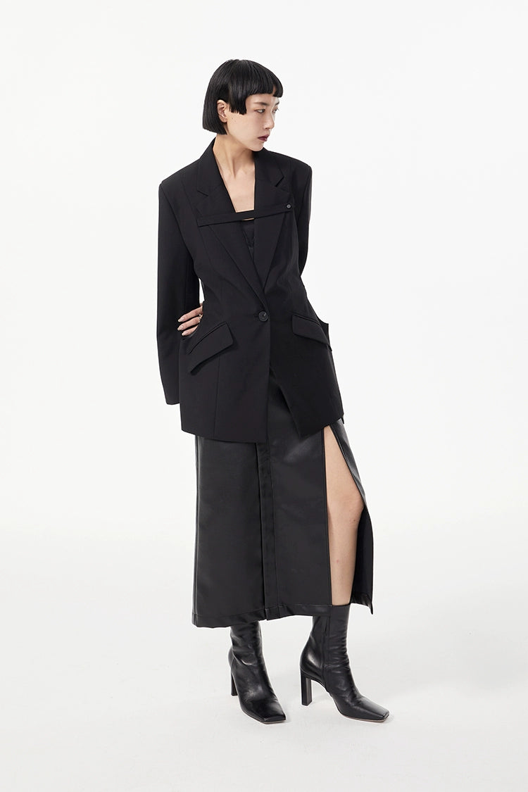 TINYIN  waist silhouette blazer women's one-button mid-length green black-CHI