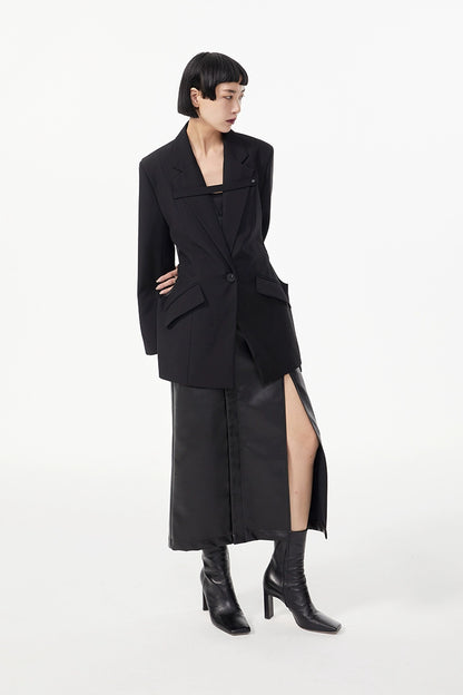 TINYIN  waist silhouette blazer women's one-button mid-length green black-ZYN