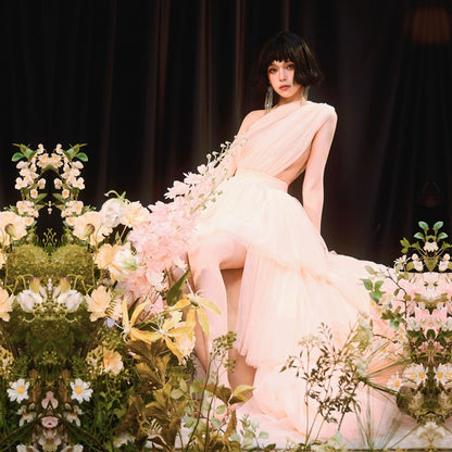 DOLLY Elegant Peach Mesh Off Shoulder Sleeveless High Waist Tutu Dress-MEDUSA  (V)