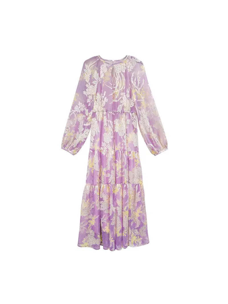 HECO silk peony burnt flower pendulum long-sleeved dress women - healer.