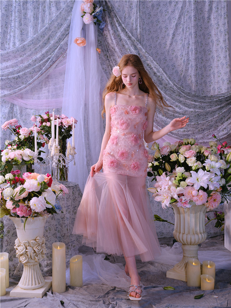 Wardrobes by Chen High End Pink Sleeveless Flower applique Sequin Dress-Bena