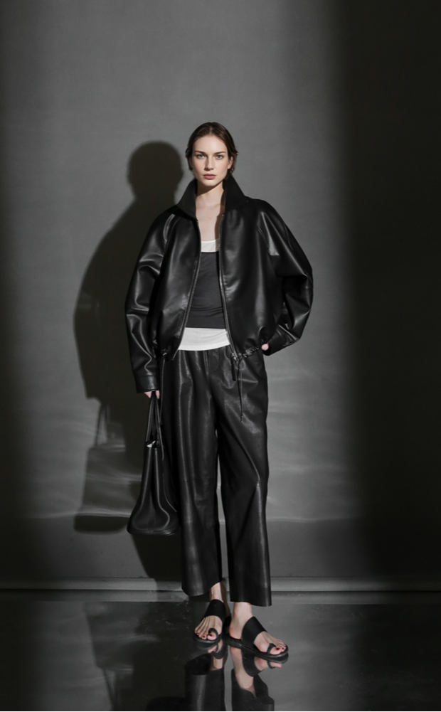 PIAOIN Small lapels short motorcycle leather jacket hem trimmed spring-DAX.