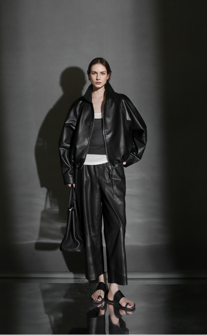 PIAOIN Small lapels short motorcycle leather jacket hem trimmed spring-DAX.