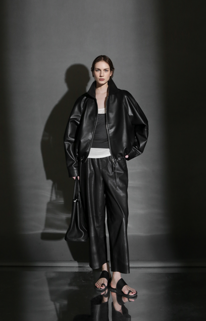 PIAOIN Small lapels short motorcycle leather jacket hem trimmed spring-DAX