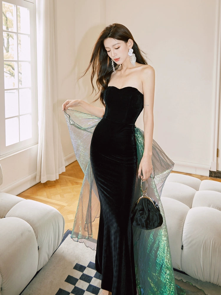 DOLLY Elegant Black Bandeau Sleeveless Long Body Hug Sexy Dinner Dress-CARA XS / Black (Removable Green Streamer) DOLLY Elegant Black Bandeau Sleeveless Long Body Hug Sexy Dinner Dress-CARA XS / Black (Removable Green Streamer)